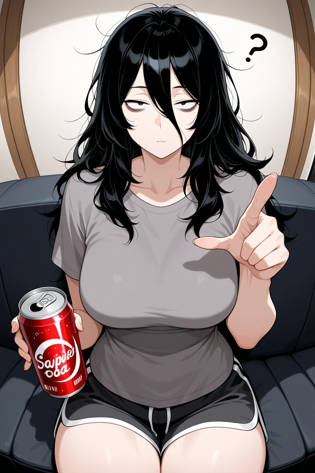 <lora:kurenaiz_style:1> kurenaiz style, 1girl, hair between eyes, holding can, holding, white hair, spread legs, bare shoulders, crop top, cleavage, half-closed eyes, red eyes, looking at viewer, can, blush, short shorts, shorts, huge breasts, solo, black shorts, midriff, simple background, long hair, black eyes, navel, black hair, streaked hair, sitting, parted lips, collarbone, white background