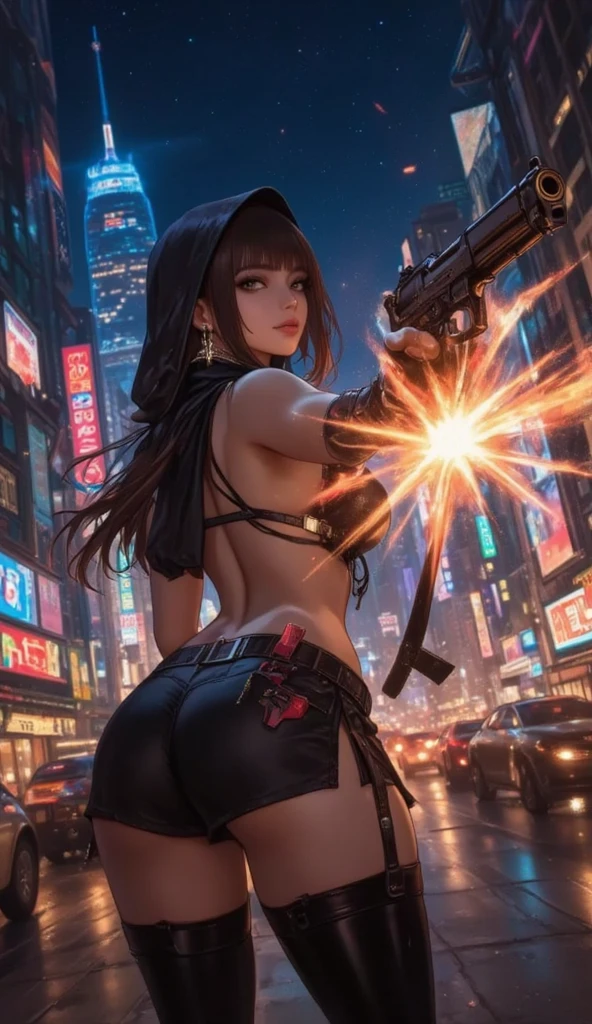 (best quality,4k,8k,highres,masterpiece:1.2),ultra-detailed,(realistic,photorealistic,photo-realistic:1.37), HDR,UHD,studio lighting,ultra-fine painting,sharp focus,physically-based rendering,extreme detail description,professional,vivid colors,bokeh, portraits,landscape,horror,anime,sci-fi,photography,concept artists,a lovely green woman in a shiny metal bikini, beautiful detailed eyes,beautiful detailed lips,extremely detailed eyes and face,long eyelashes, wielding a laser gun, flying saucers in the sky, burning city