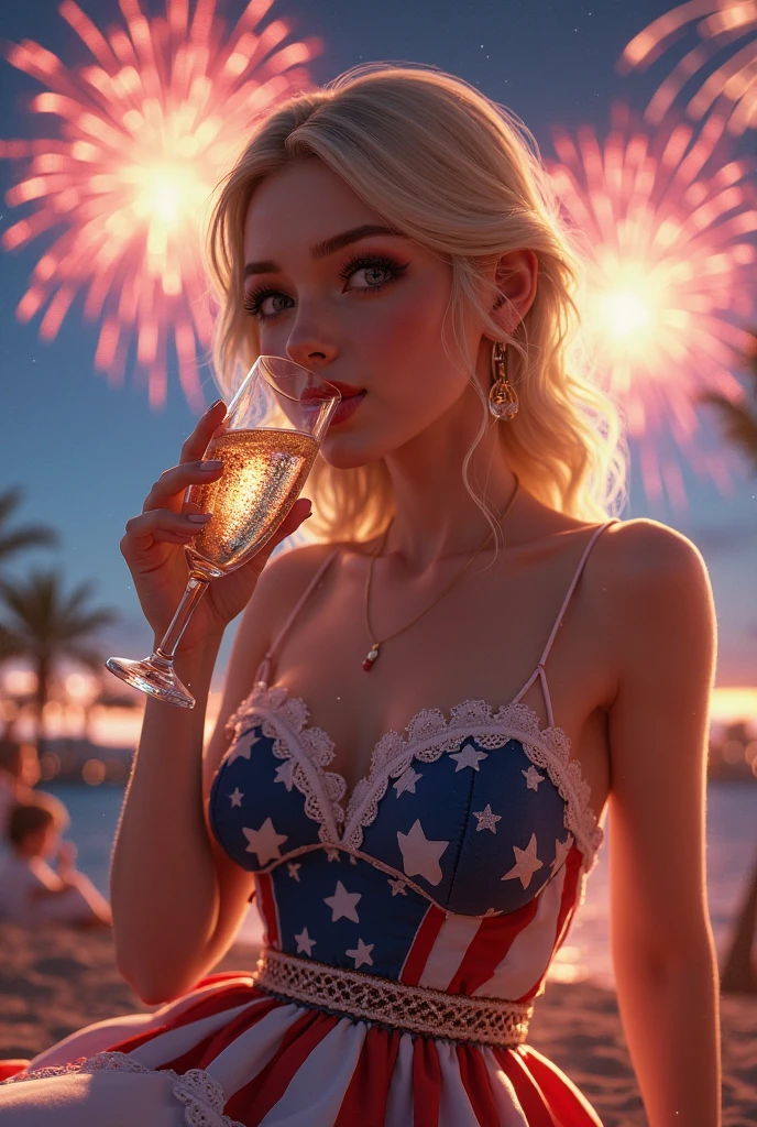 Medium shot body ,medium long shot,adult woman, fit body, knitted white mini bikini, ponytail, drinks champagne, luxury pool ,action scene, master shot, glamour flower garden, elegant action pose, surrounded by people, candles burning, fireworks ,highly detailed, sublime, extremely beautiful, sharp focus, refined, intricate, elegant, dynamic, rich deep colors, bright color, shining light, attractive, cute, pretty, background full, epic composition, dramatic atmosphere, radiant, professional, stunning.