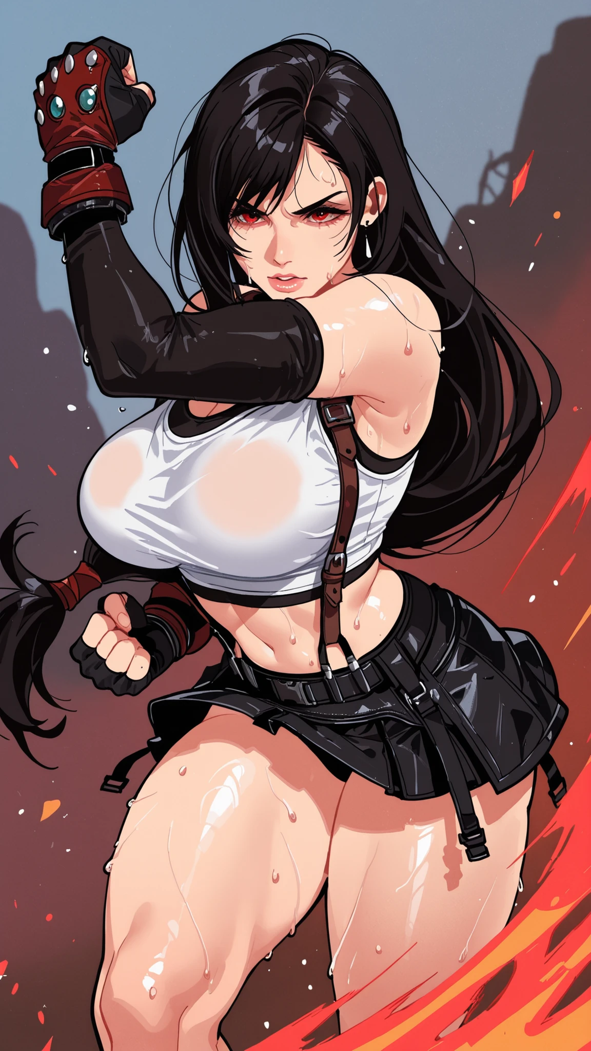 (Posing like a model), blush, glowing aura, dark light, masterpiece, glossy skin, juicy lips , ,sexy, hot, , cleavage, tifa Lockhart ,juicy lips, bimbo, hour glass, black hair, wide eyes, silver eyes, massive boobs, ((clenched teeth)), dark lighting, long hair , combat boots, glowing hair, black hair, juicy lips, ((Tifa Lockhart)), ((white tank top )), (((black leather skirt)))