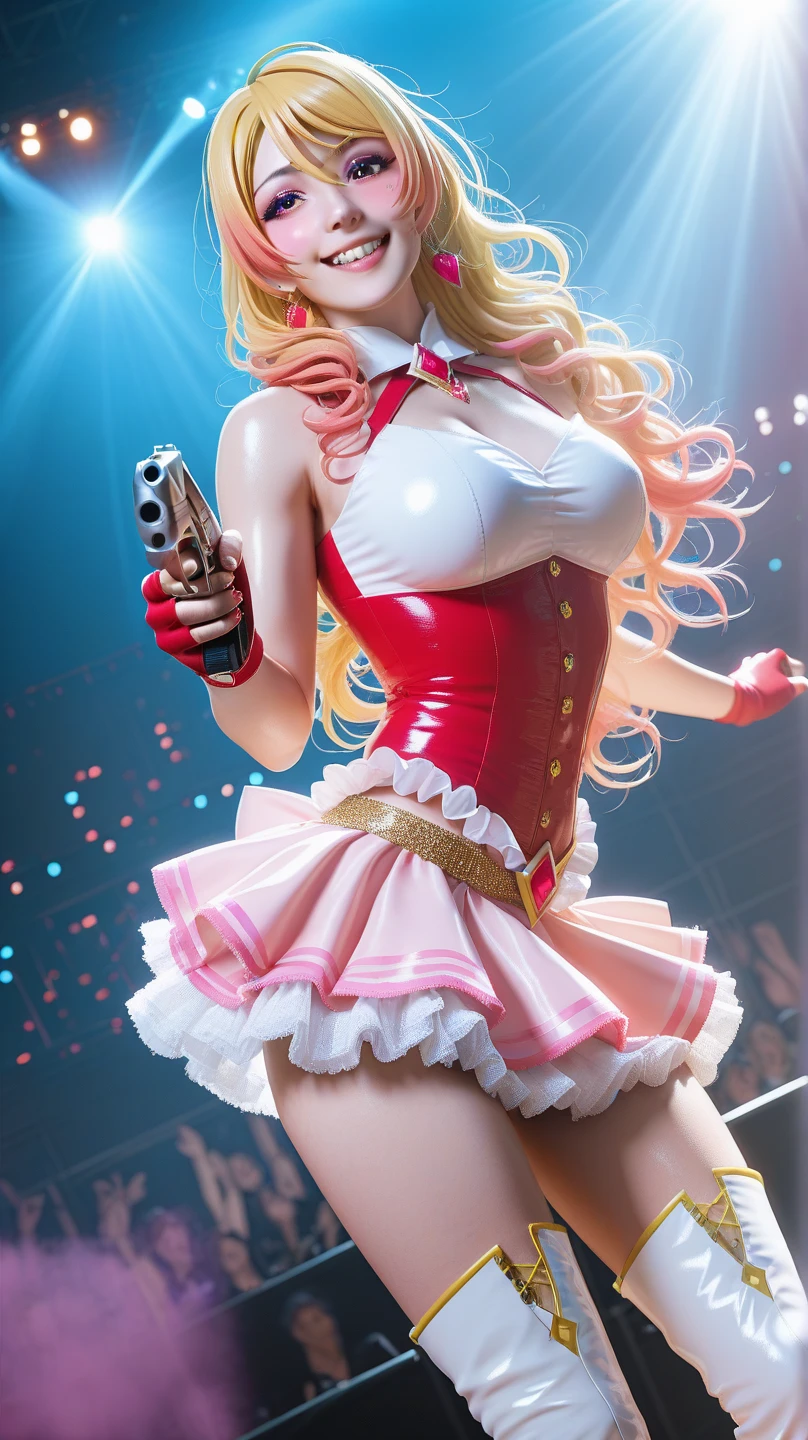 sunsethuman, female, two tones of hair, red and yellow hair, white cabbie hat, red tube top, white booty shorts, red gogo boots, smiling, dancing in a cage hanging from the ceiling in a nightclub
