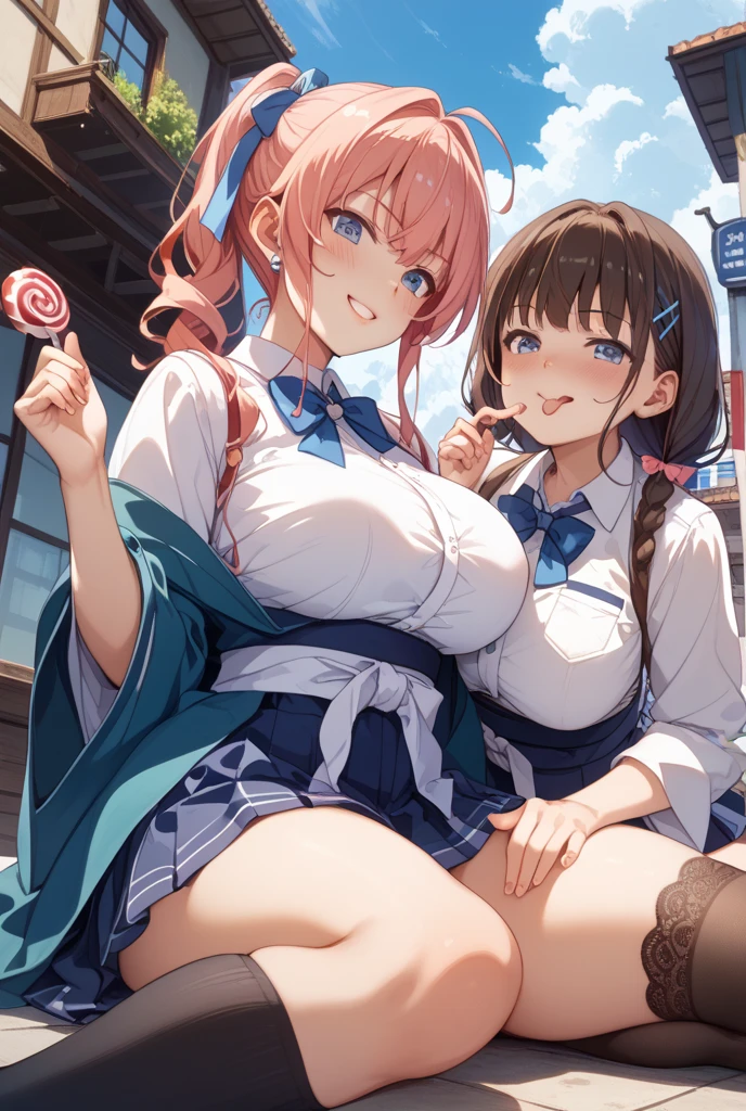 ((Two women in underwear kneel and lick sexily popsicle sticks in their hands.:1.4)), ((highest quality)), (Super detailed), (very detailed CG 統合 8k 壁紙), very detailed, High resolution raw color photos, professional photography, ((beautiful big breasts)), ((bare chest)), peanut butter brown hair, side ponytail, wonderful face and eyes, slender body, (amazingly beautiful girl), (school classroom:1.3), (The woman on the left is wearing a stylish pink micro bra., The woman on the left is wearing stylish pink satin lace micro panties.:1.4), (The woman on the right is wearing a fashionable light blue micro bra., The woman on the right is wearing stylish light blue satin lace micro panties.:1.4), Exact number of arms, Exact number of legs, perfect anatomy, Put a popsicle in your mouth