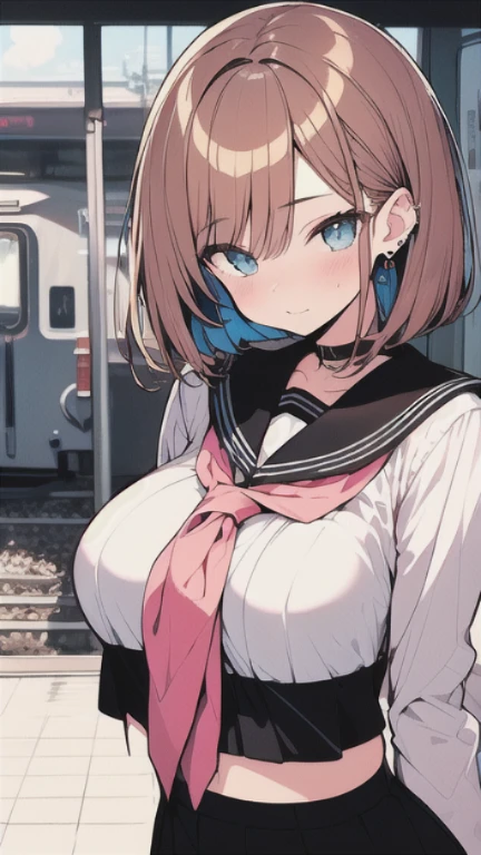 (best quality), (Super detailed), (Best Illustration), (masterpiece), nsfw, (woman), high contrast, {(serafuku lift:1.2), show off breast}, (large breasts), {brown hair, (sideburns), (bob cut:1.3), curly hair, hairs between eyes, colored inner hair}, {(detailed eyes), blue eyes}, blush, earring, wind, (botanical railroad)