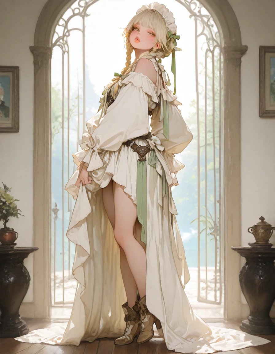 headband,efflorescehorn, 1girl, solo, dress, white dress, sitting, sandals, looking at viewer, simple background, full body, knee up,  shoulders <lora:efflorescehorn-pynoise-000008:1>