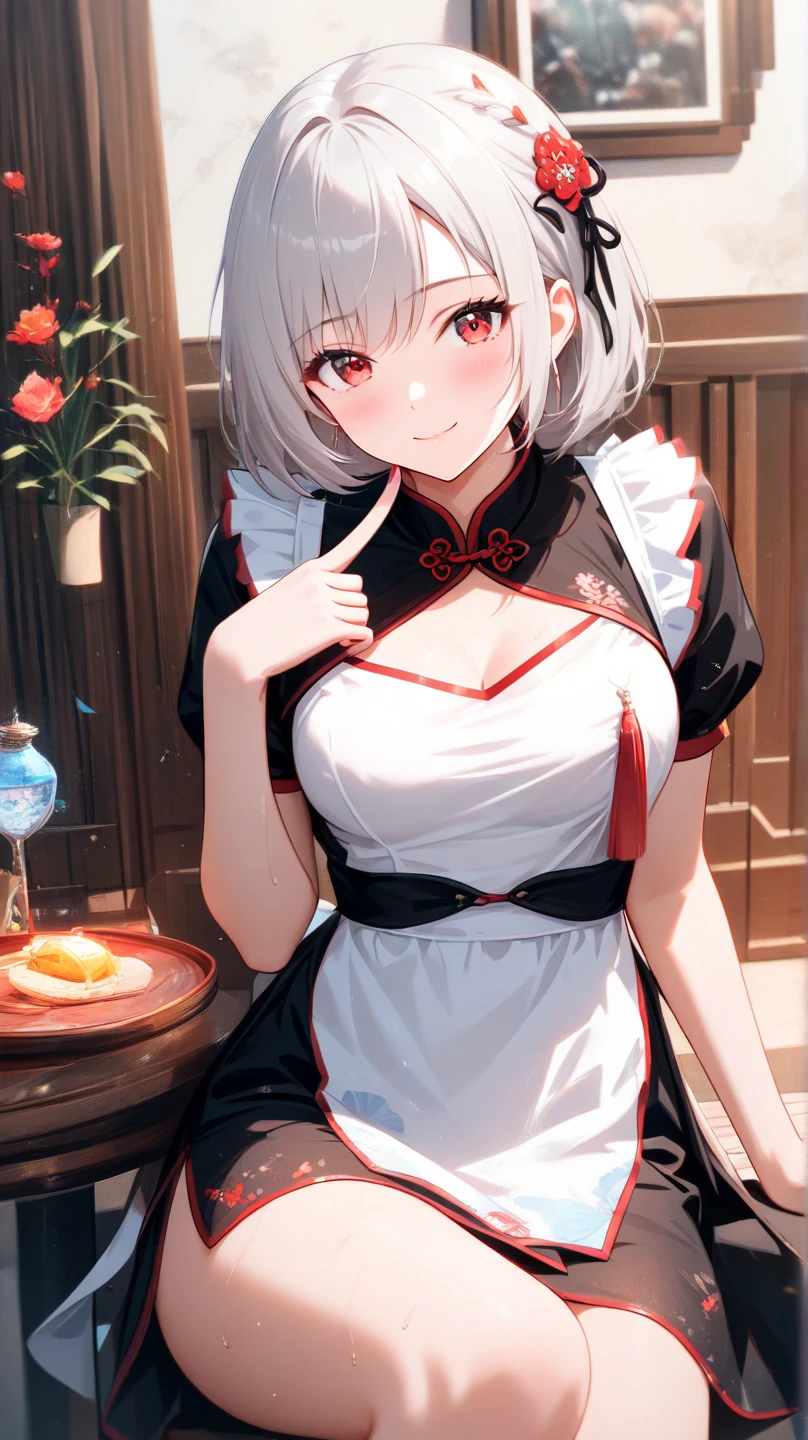 ,Highest quality,Silver Hair,Brown skin,Dark Skin,Sunburn,Purple Eyes,Short Hair,Braiding,Half Up,Beautiful breasts,Qipao,China Hotel,Toned body,slender,