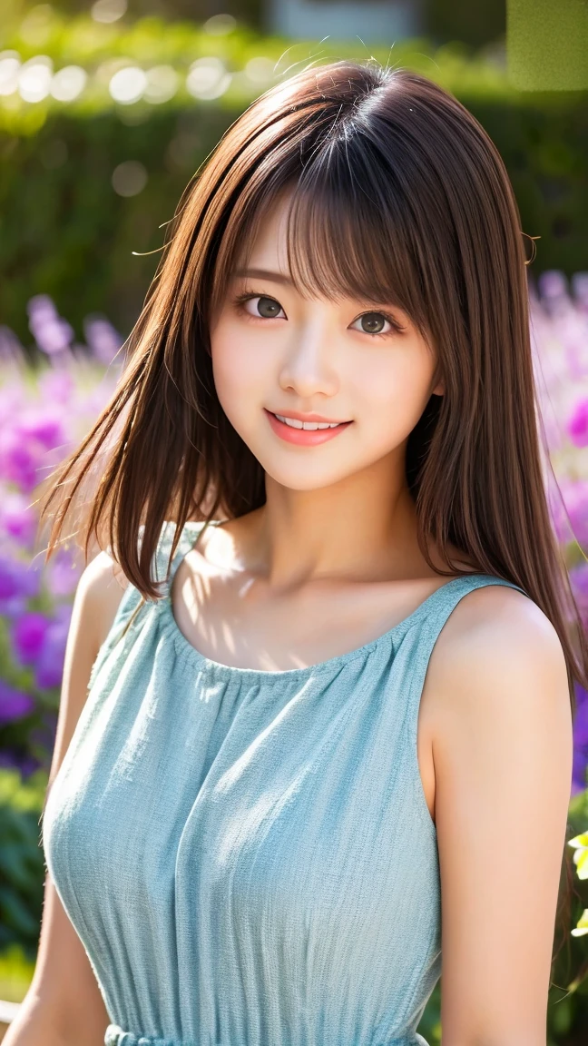 A beautiful girl watering the hazels in the garden, 17 years old, (Highest quality:1.4), (Very detailed), (Very detailed美しい顔), smile, Evenly balanced eyes, Pink pajamas, Beautiful face and eyes, iris, Medium Hair, The Beauty of Japan, (Skinny body type:1.3), (Flat Chest:1.3), Sleepy look, Smooth, Very detailed CG synthesis 8k wallpaper, High-resolution RAW color photos, Professional photography, Light, BackLight, dream-like, impressive, Written boundary depth, Garden with flower fields, (Face close-up:1.5), (Side shot:1.5)
