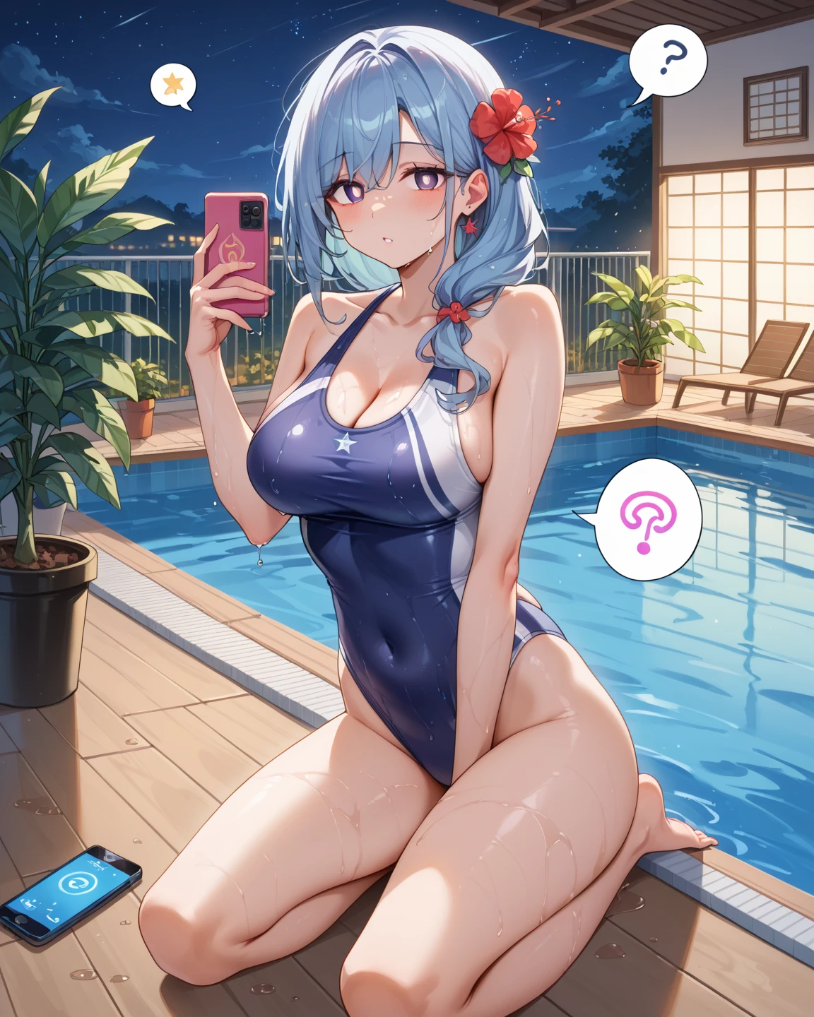 _asura style, 1girl, swimsuit, bikini, long_hair, beach, solo, breasts, blue_bikini, horns, ass, untied_bikini, sand, holding, large_breasts, phone, water, draph, untied, outdoors, cellphone, wardrobe_malfunction