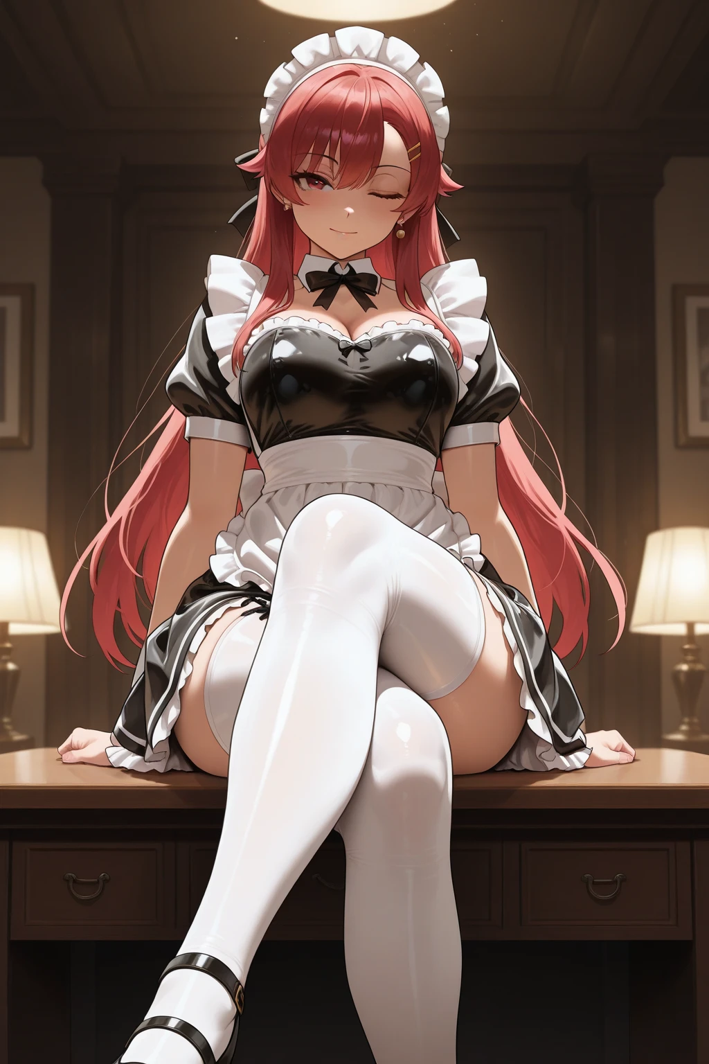masutepiece, Best Quality, Airlib 4, 1girl in, Solo, blush, thighs thighs thighs thighs, (black thighhighs:1.3), Apron, zettai ryouiki, maid, Maid headdress,Naughty big、large full breasts、cleavage、Wrist cuffs, (Perfect hands, Perfect Anatomy)、(white panties:1.3)、(Fully exposed panties:1.5)、A smile、(Squatting:1.3)