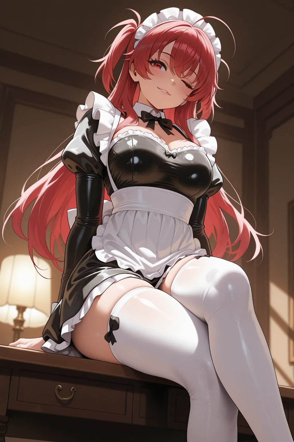 score_9, score_8_up, score_7_up, score_6_up, score_5_up, score_4_up, source_anime, 1girl, worth, pink hair, long hair, white eyes, A thoughtful face, w-w-chain, shackles, messy hair, Maid Costume, black thigh boots, dungeon, best quality, best res, 4K UHD,
