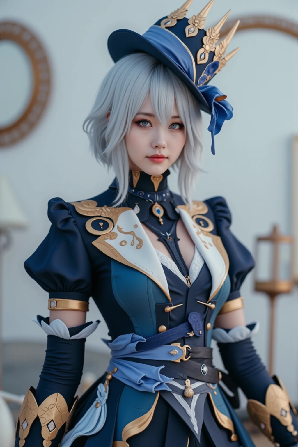 Woman body set curently breasts but close up in a dress, furina in genshin impact costume dress