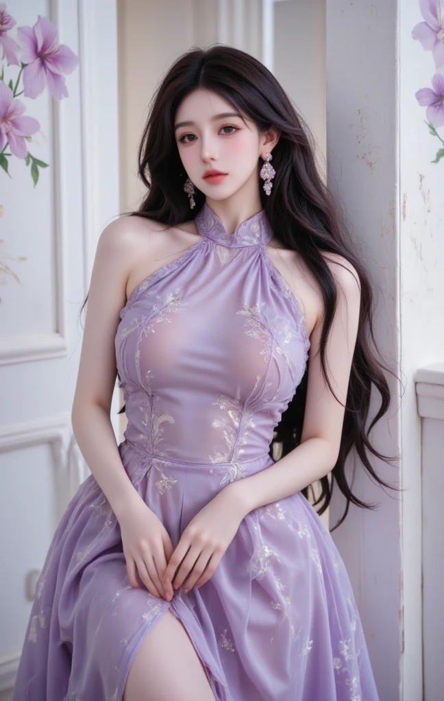 High-quality work，Realistic works，Super premium graphics，8K HD CG works，high quality graphics，High-definition and exquisite CG works，10x pixels，Ultra-fine details：1.1，Advanced technical details：1.1Realistic photo effects，Interior lighting effects：1.5，natural soft light：1.5. Light effect（Virtual light effects：1.8），ultra high resolution，shining dress，sliver long hair，silber hair，transparenthair，high detailed hair（Quality hair details：1.1）Clear eyes，Double eyelids look good，Sharp eye makeup, Create exquisite eyelash makeup, tthin eyebrows, Ultra-detailed eyes，a tall nose, lovely red lips, rosey cheeks, With delicate makeup on her face , pretty face, The face shape is perfectly proportioned,（Advanced facial details：1.1）(((RAW photo , Extremely detailed, highest quality, High resolution, alone,))) break、(contrast:1), whole body、 Viewed from directly above, Lying in a flower garden, back is on the floor、 break、 (((purple hair beach wave hairstyle ))), (((cosmetics))),big breasts, break、white effect, white wings:1.2 , White Angel:1.2, ((night)) 、 break、Vampire Castle, detailed background,, moon、 break、antonio riva dress:1.1,Dress made of slightly see-through fabric:1.3、(very complicated:1.2), high fantasy, beautiful face, pointed ears, break,background, monochrome, grayscale, barefoot, break、outdoors、river，Women's artwork，Dress full body video，Realism，Amazing Cleavage，My eyes are very bright today

