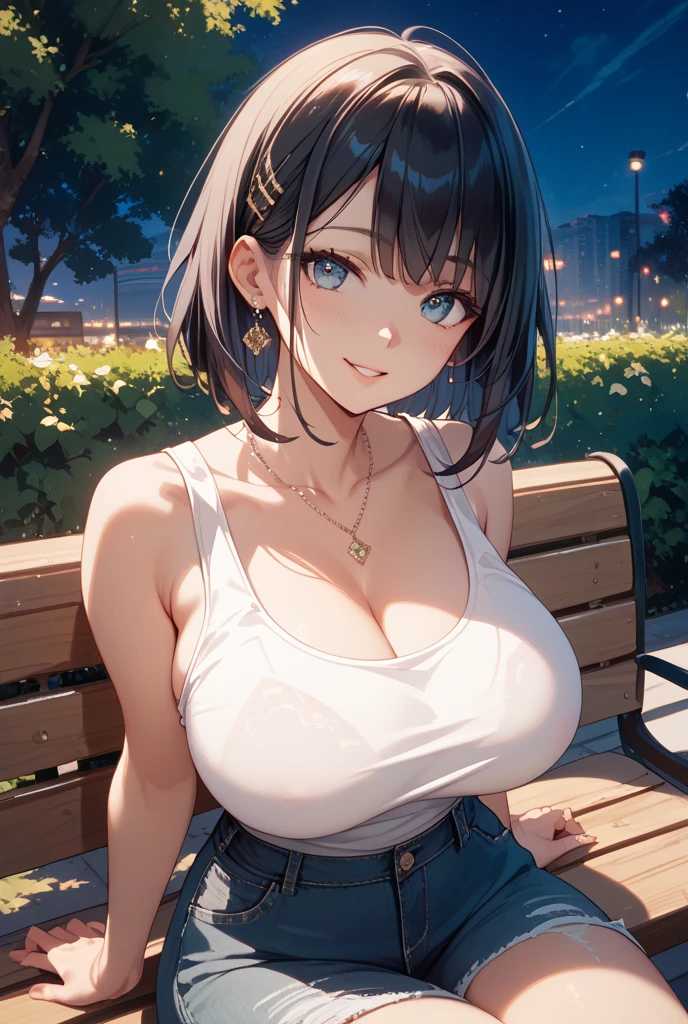 ((Top Quality)), ((Masterpiece)), (Detail), high resolution, Perfect Face, Fine Eyes, Depth of Field, Special Shading, Cinematic lighting, upper body, (1 Beautiful girl), big breasts, cleavage, (smoky blue hair, shaggy cut, blunt bangs), (school uniform), dress shirt, pleated skirt, necklace, Scenery of the countryside, Starry sky at night