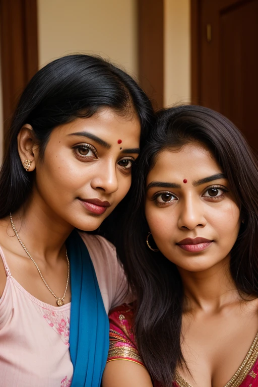 2 Indian woman, long dark brown hair, Honey eyes, decent girl, smiling, made up, dressed in her culture
