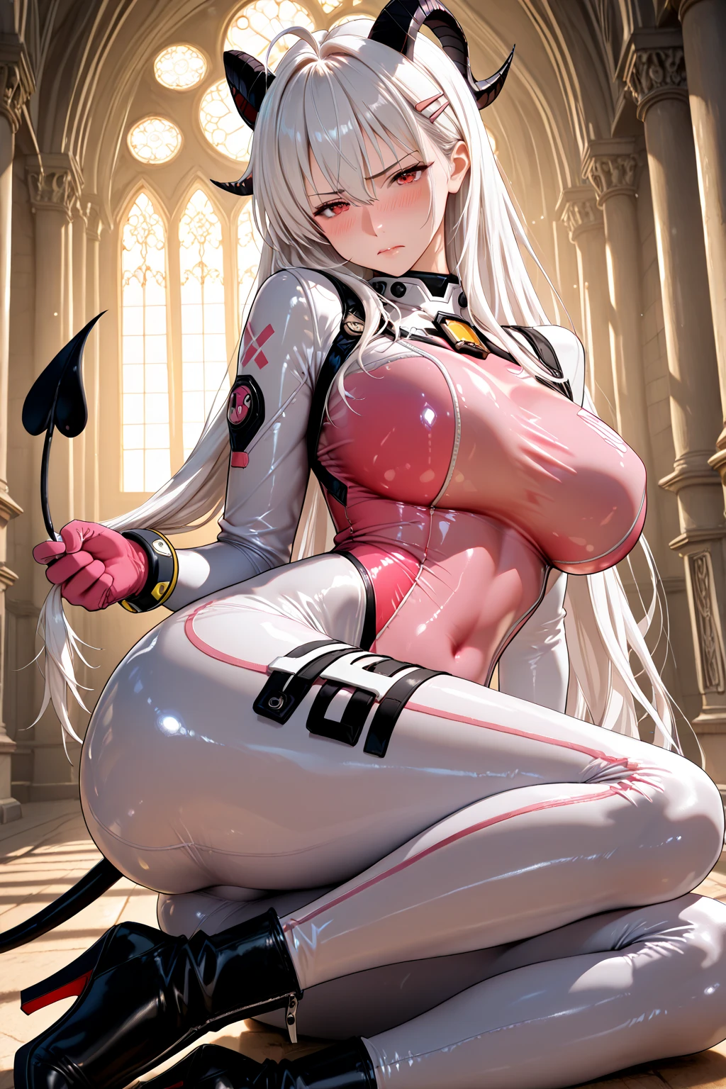 eyes 1 girl, bangs, Bare_bshoulders, Breasts, Cloud, Detached_Sleeves, Hair_between_Eyes, Long_Hair, Looking_at_peeping at the viewer, mediating_Breasts, Red_Eyes, Silver_Hair, Solo, Very_Long_Hair, White_Headwear(NSFW:1.0)(Wet_clothes:1.3)(Very_Large_Breasts:1.4)(Female body fluids ,steams,(Blush,sound_influencer,Twitching,Trembling,Trembling,bouncing breasts,hair messy,Steaming_Body:1.1) (on the face:1.2)(NSFW:1.0) (:1.0)(:1.5)(:1.5)(pin-up_Restraints:1.2) plug, Medium breasts,(view the viewer:1.2)(spoken heart,spoken blush:1.2), juice:1.3),(Female body fluids