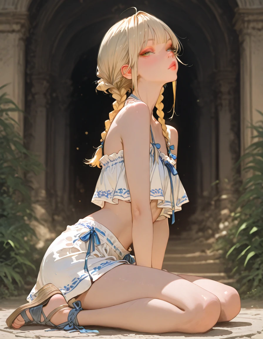( girl Full body :1.7)((best qualtiy)), ((tmasterpiece)), (detail:1.4),(14-year-old beautiful girl:1.6),(in a panoramic view:1.2,full bodyesbian:1.2) (shiny skin:1.2) Beautiful imag Meerry Roze,, , smooth white clothes , (see-through clothes :1.2), cat-shaped headdress, with tween Ponytail blonde hair, blue eyes,, cat tail, Jewelry, Earrings ,make up, blush delicate face, correct hand , ( squatting legs with paw pose:1.3) stockings, strappy sandals ,Beautiful and detailed HEELS , (small legs:1.3)wallaper,, beautiful style , giving you a glimpse of the contours of her skin and breas (Best quality at best high detal,tmasterpiece,offcial art,movie light effect,4K)