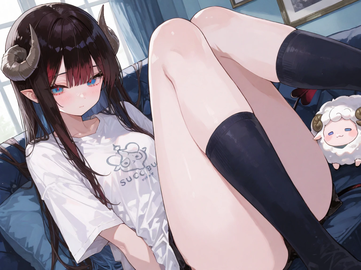One Woman、Cute Woman、Thighs、Best image quality、High resolution、masterpiece、super high quality、Spread your legs、White luxury bra、polka dot panties、I can see her panties、Small ass、Small breasts、Blushing、4K quality、Blushing、Displeased face、Wearing black stockings、bed、Spread your legs wide、Panty Shot、Sweaty all over、Heavy breathing、There&#39;s someone below、heart、Low - Angle、Spanning my face