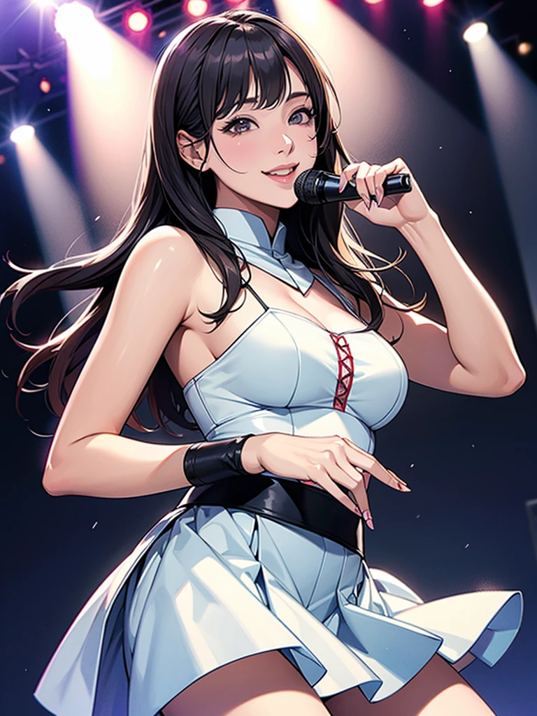 1 girl, 20yo, mature female, Beautiful long legs, Beautiful body, Beautiful Nose, Beautiful character design, perfect eyes, perfect face, narrow waist, wide hips, BROWN HAIR , very long hair, long legs, choker, cropped shoulder shirt, off shoulder, long sleeves, white thong, sexy pose, dance floor,
<lora:puuzaki-puuna-lora-v1:0.7>, from below,
cotton pencil skirt, upskirt, pantyshot
