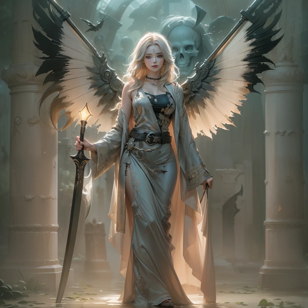 Make the herald of death, a seductive face of an angel, in light armor with a book in one hand and a scythe in the other 