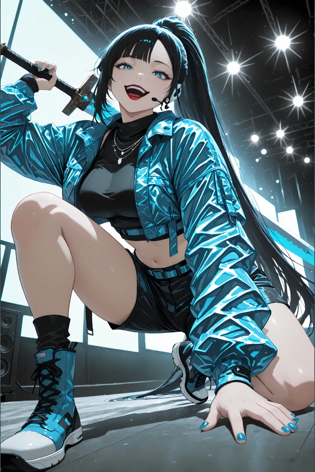 1girl, medium breasts, blue black hair, blunt bangs, long hair, red eyes, hoodie pink, sweaty body, blush, singing, stage, lighting stage, focus face, looking at the viewer, smile, add_detail:1