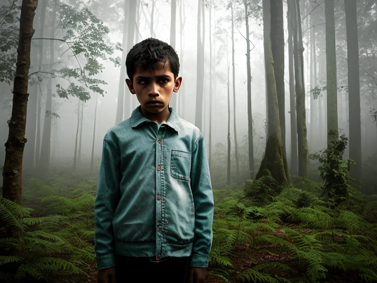there is a young boy standing in front of a tree, by Caroline Mytinger, absolutely outstanding image, by Daniel Lieske, by Scott M. Fischer, person made of tree, in jungle forest, in front of a forest background, indian forest, help me, a boy, portait image, jayison devadas, by Daniel Taylor, in forest jungle