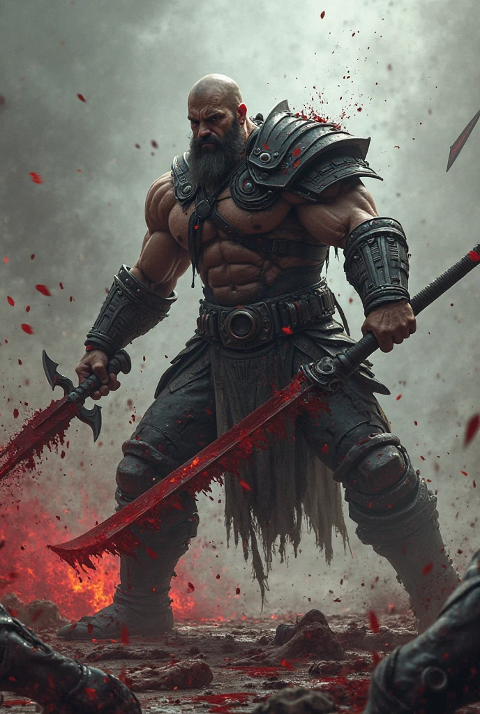 A muscular and fierce warrior, Covered in scars, with an intimidating appearance and an expression of fury as he screams in the middle of a battle. He wears rustic and heavy armor., decorated with intricate details and chains, partially covering his torso and arm. His skin is marked with distinctive red tattoos, and his right shoulder sports a piece of red spiked armor, contrasting strongly with the rest of the image which is in greyish tones. His thick beard and bald head add to his brutal and powerful presence.. The background is blurry, suggesting movement and chaos, while the focus remains on the intensity and fury of the warrior. The art style highlights the drama and energy of the scene, using a limited but striking color palette,Wolf God, hyperrealistic, tension, chill, highly detailed, Sharp focus, professional, 8K UHD, Kinematic, Dark, Violent, outdoor, time, battle, chase, dramatic, vivid, nervous vibe, do, epic, twilights, eat the moon, HdR, album cover art, blizzard, lightning, cataclysmic