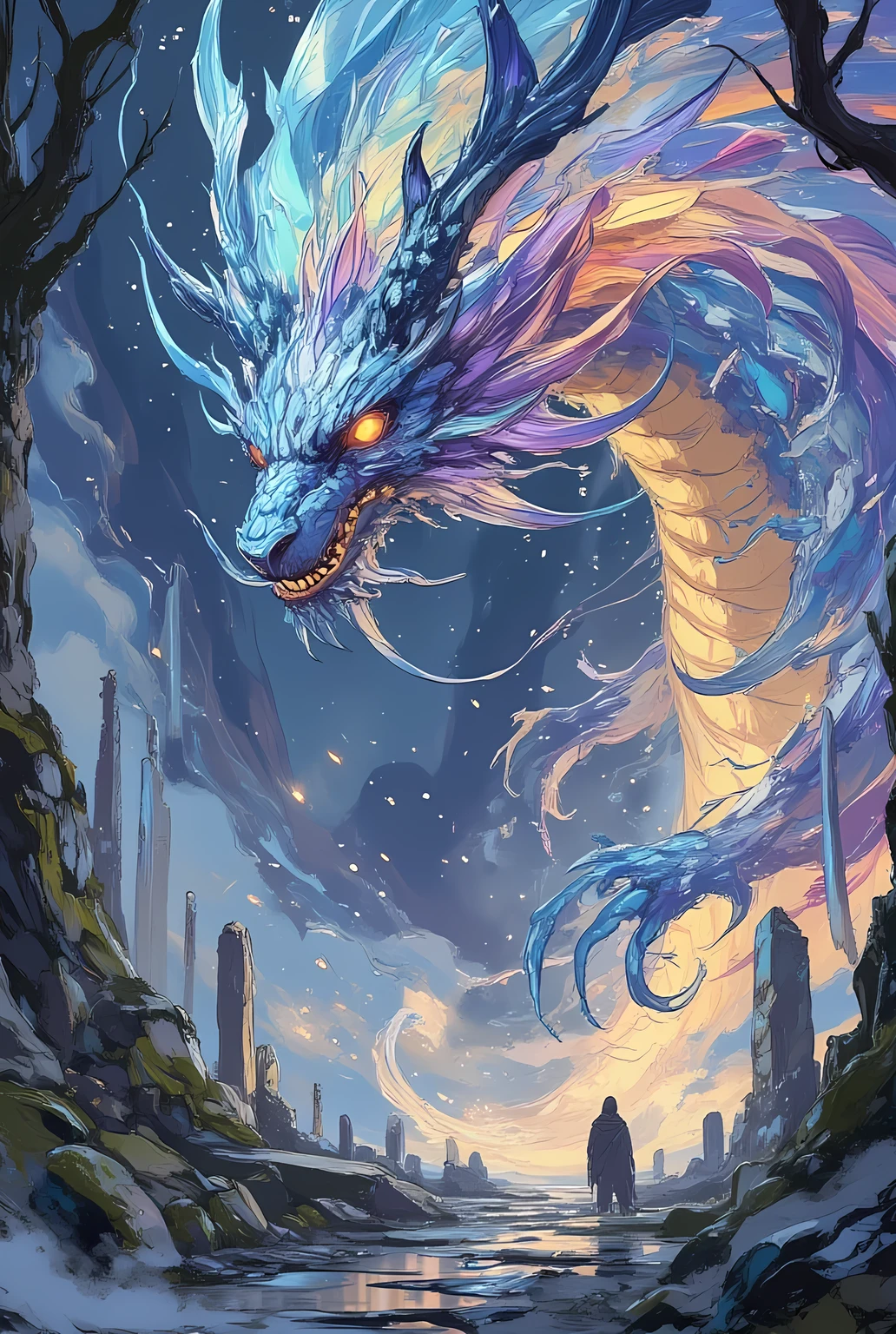 The dragon that appears in the Japan anecdote、Paint a landscape that emerges in the sky in spectacular lightning。The dragon is covered with blue scales、Floating above the clouds、Stars in the night sky々is shining。A mysterious light radiates from the dragon's eyes、Lightning illuminates the night sky、There is a mysterious atmosphere in the air。This landscape is、Inspired by Japan legends and myths、Depict it as sacred and magnificent。, f/2.8, 85mm, Sony FE GM, UHD, retina, masterpiece, ccurate, textured skin, super detail, high details, high quality, award winning, best quality, highres, 1080P, HD, 4K, 8k