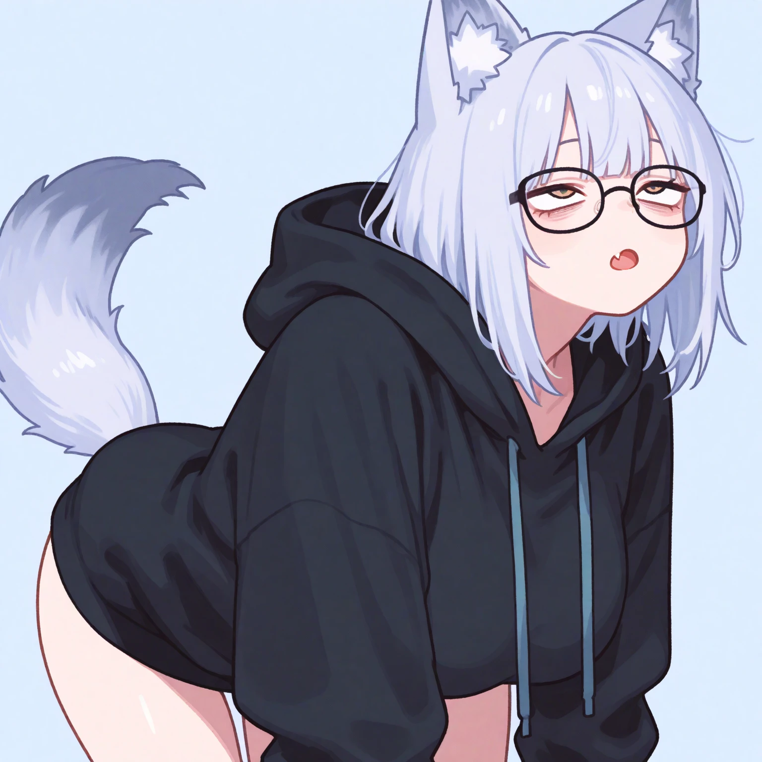 Single boy, Anime boy, Short, Long white hair, wolf ears, has wolf tail, blue eyes, wearing short denim shorts, thigh high fishnets, oversized cropped hoodie, solo boy, only one boy) solo, alone, (SOLO)(ALONE) thicc thighs, wide hips, blue eyes, perfect eyes, perfect face, wearing pink lip gloss, happy, curvy, sparkly blue eyes, wearing large round glasses, solo male, on bed, surrounded by stuffed animal plushies, kawaii