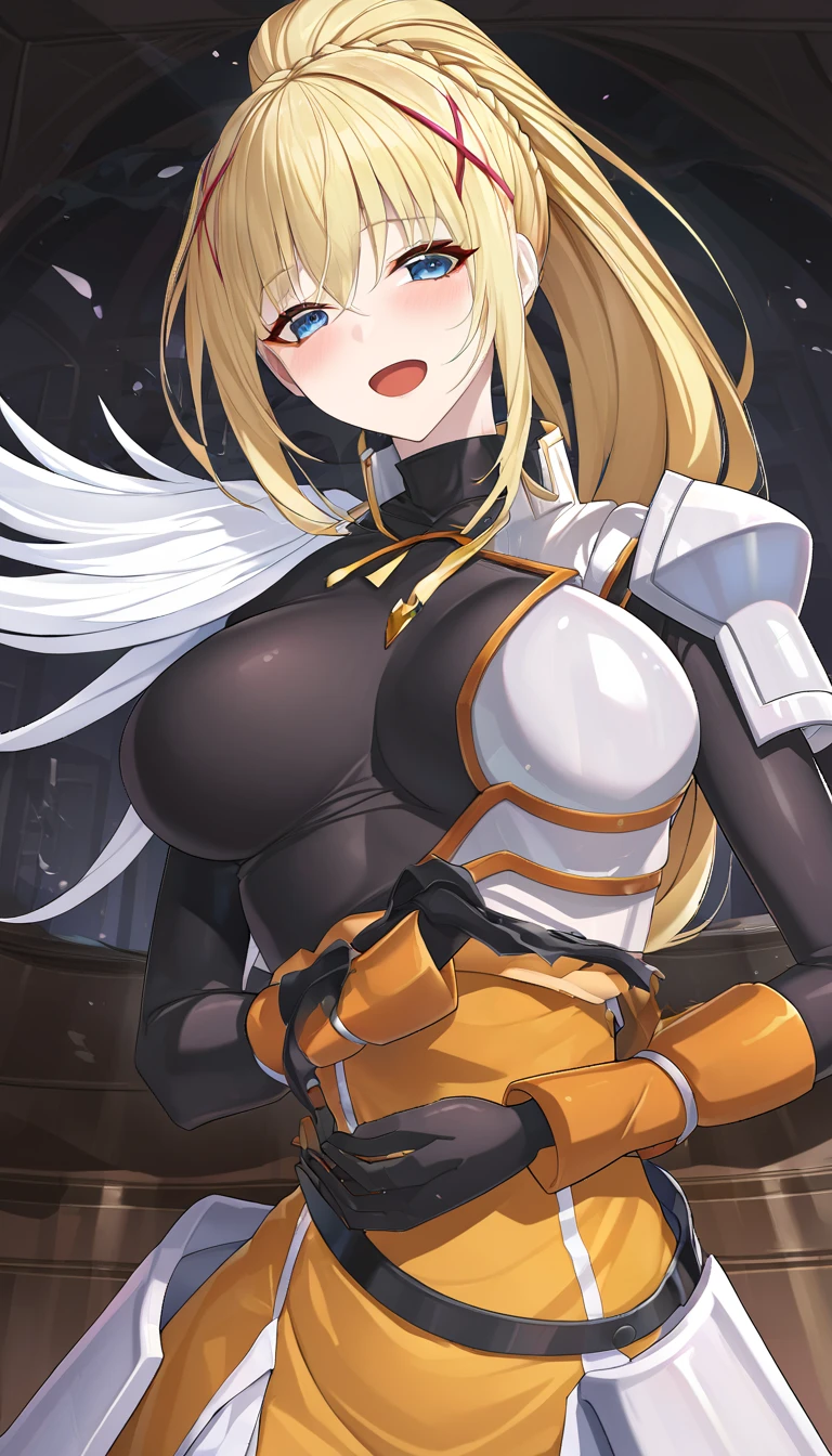 blonde hair, french braid, hair behind ear, hime cut, very long hair, heart-shaped pupils, animal ears, fox ears,"long orange fox ears with black tips", covering ears, kemonomimi mode, smiling ,tail emanating(9 tails fox),huge tits, large hips,fully clothed,skin covered with armor, golden armor, no nswf, high detail, depth of field, masterpiece, anatomically correct, high quality, award winning