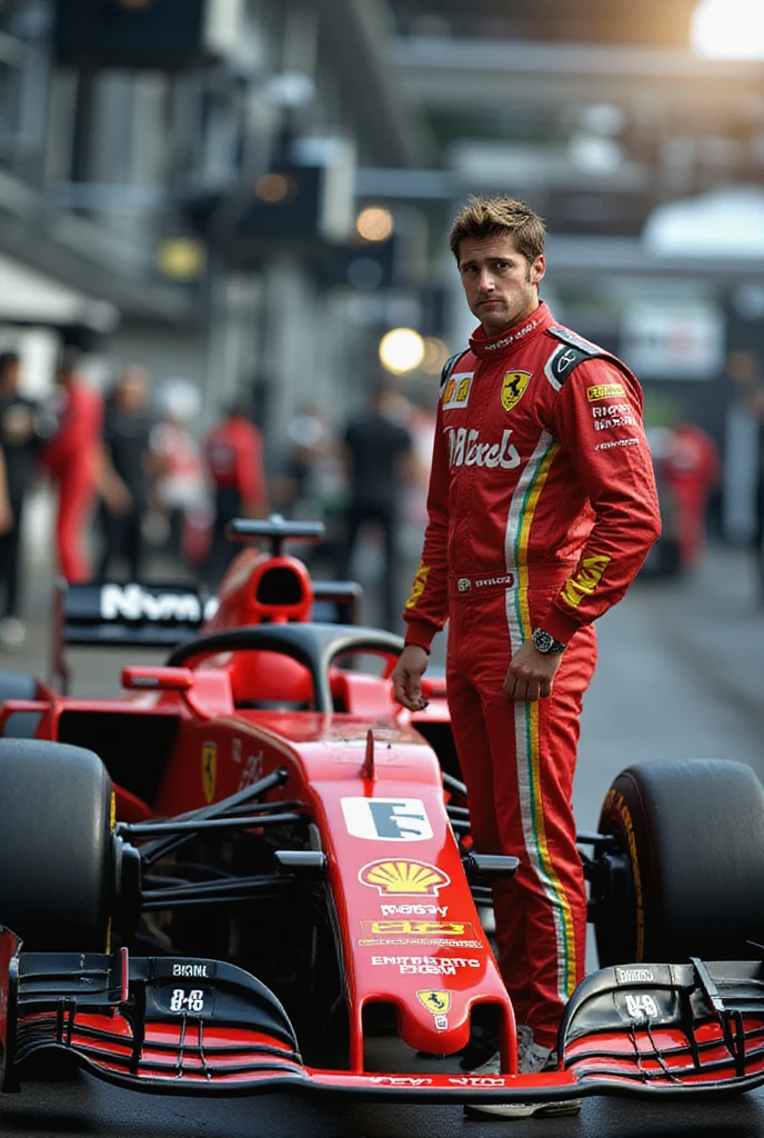 cinematic photo of Charles Leclerc, wearing a Ferrari uniform, . 35mm photograph, film, bokeh, professional, 4k, highly detailed