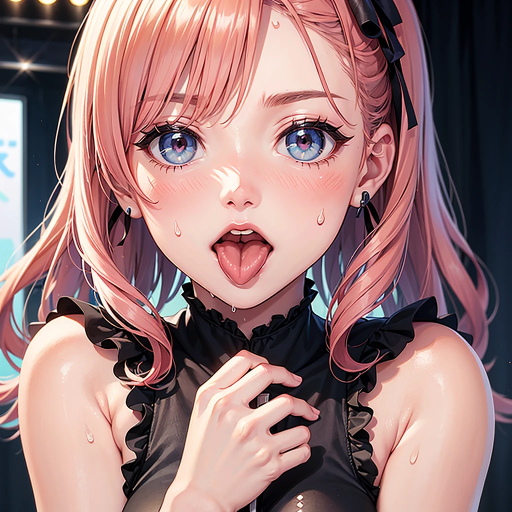 handjob,side view,eye-level shot,face focus,open mouth,tongue out,cum on tongue,lick,(1girl,Beautiful 16 year old girl),((Slender,Small breasts,Baby Face,Small face,)),looking at viewer,Black Hair,bangs,two side up,Gray Eyes,Drooping eyes,slit pupils,narrow eyes,Sheer black and light pink negligee,Sexy Lingerie,Black collar with leash,Beautiful and detailed anime art,Mischievous smile,Dimly lit room,Simple Background,Gray background,Low lighting