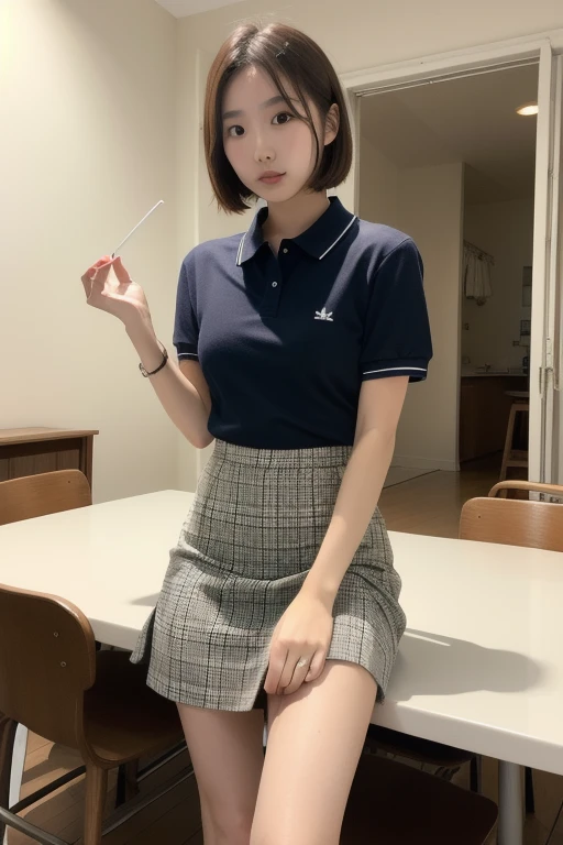 The scenery is a street lined with clothes stores. Meanwhile, a young girl is standing. She wears a red Fred Perry polo dress. On her feet, she wears black Converse sneakers. Her hair is in a short bob cut and flutters in the wind. The girl is looking around with a curious expression and seems to be preparing for a new adventure. With details that are exquisitely reproduced down to the smallest detail, please express her expression and even the texture of the fabric of the clothes. In the highest quality, draw a full-length picture of her as a fashionable, fashion snap model.