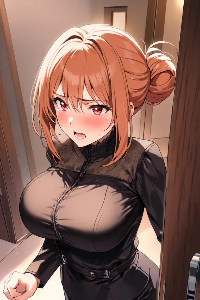 masutepiece++, Best Quality++, ultra-defined++, ultra-defined++,4K++,in 8K++, Highly detailed, 

(Black knitted sweater:1.2),   

(large boob), 

shy, Perfect hands, Perfect nose, (blush:1.3), Sweat, 

in street, 
Yuigahama Yui,  Pink hair, Short hair, Hair bun, 
Looking at Viewer, Focus,

(sweater that pulls hands:1.4),
