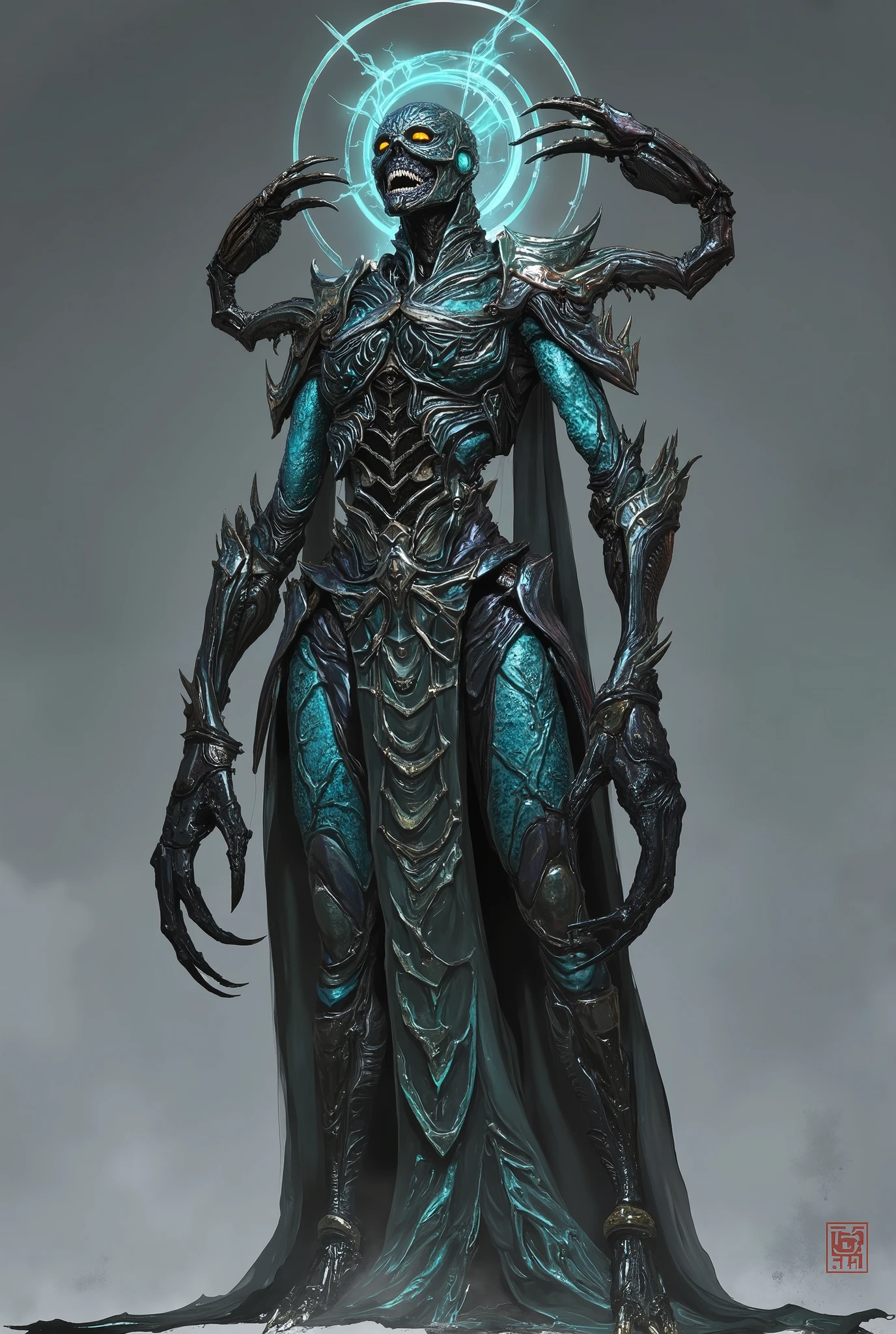 (best quality,4k,8k,highres,masterpiece:1.2), ultra-detailed, (realistic,photorealistic,photo-realistic:1.37), Divine insectoid female demon warrior, jet black and cian exoskeleton armor, muscular humanoid body, massive scorpion claws, glowing halo, menacing grin, standing in a neutral background, hyper-detailed, high contrast lighting, concept art style, by Takayuki Takeya and H.R. Giger, intricate textures, fantasy horror tone