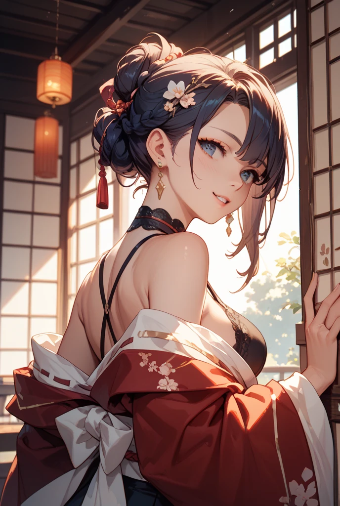 absurdres, RAW photo, extremely delicate and beautiful, masterpiece, Best Quality, ultra high resolution, 32k, hyperrealistic, ultra-detailed, delicate facial features, beautiful detailed woman, tearful mole, earring, medium breasts, full body shot, medium hair, black hair, wavy hair, Onmyoji,