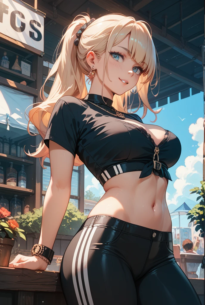 (masterpiece, best quality, high resolution, 8k), 1 girl, girl style anime, low twintails, sweater, sleeveless, midriff, (sexy navel), red moist navel, black tight leather miniskirt with high heels, hips, big breasts, outdoors, arms behind, (blushing:1.3), staund up, thicc abdomen in a park streeth