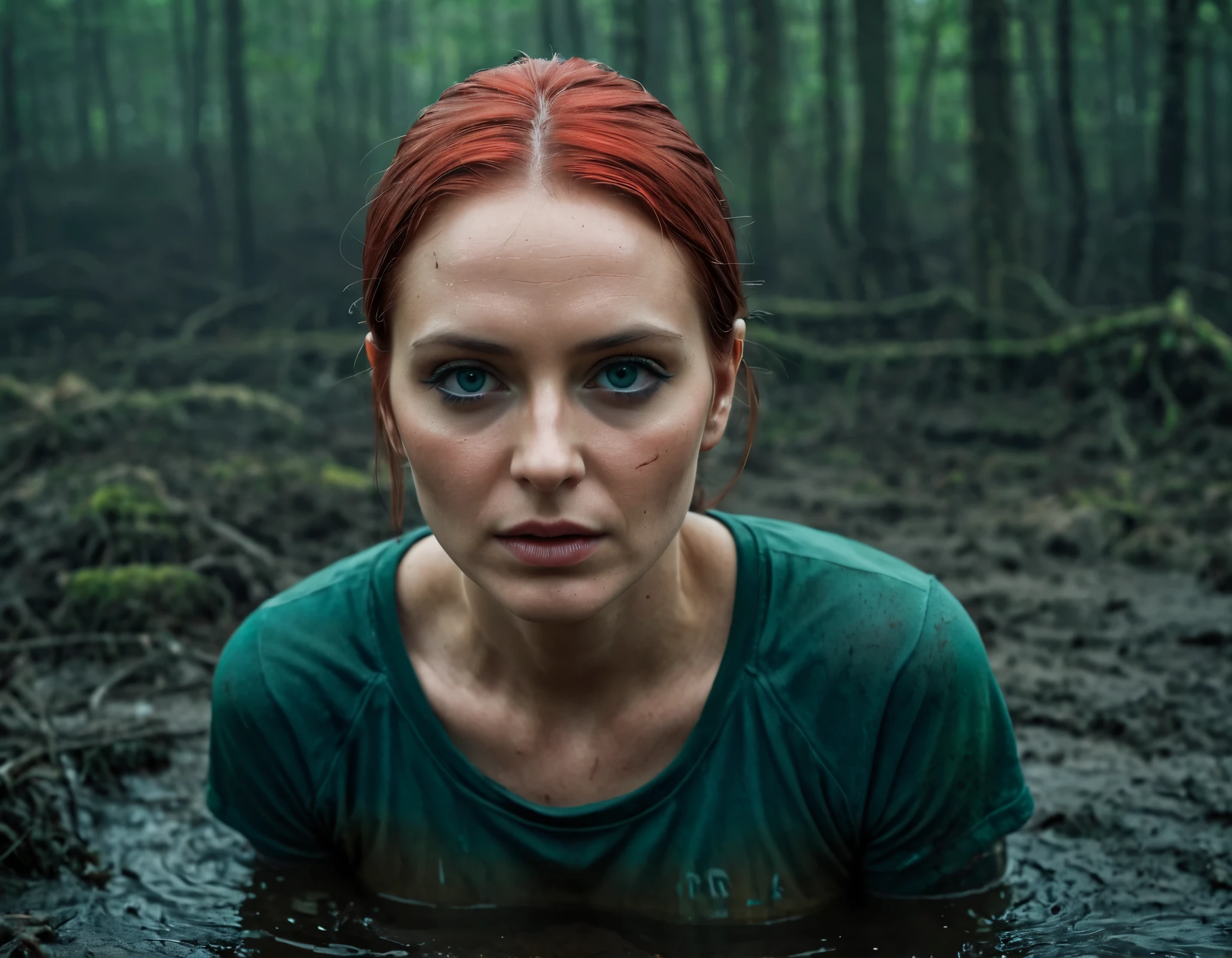 Hyper-realistic, ultradetailed, Raw, masterpiece. dark forest. 40-years-old woman is caught drowning in a quicksand sticky cement bog. The swamp sexually devours her body. ((on face: fright, depraved)). ((soaked muddy jeans)), (t-shirt), shortness of breath, shameful, loses control of himself, ((Trapped in lust, defenseless)), Copper-red hair, sweat, hard breath