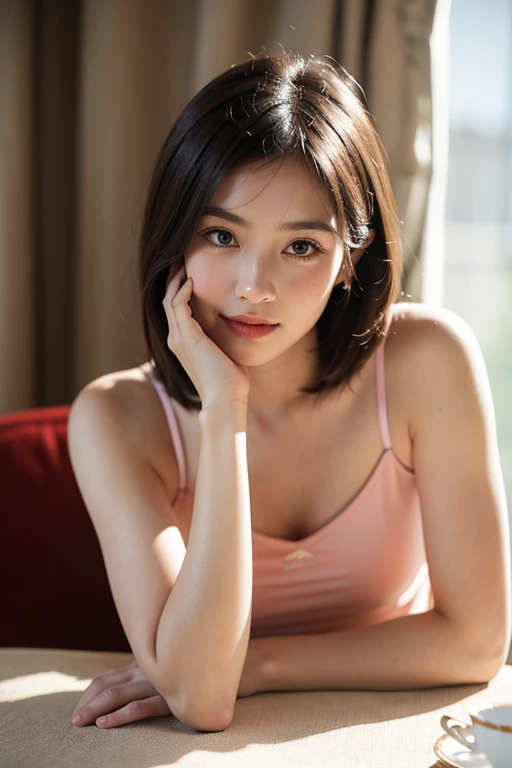 ((highest quality)), ((masterpiece)), (Familiar), Perfect Face, masterpiece、highest quality、High resolution、wallpaper、Realistic、Bright lighting、Professional Lighting、Face Light、Smooth lighting、Japanese women、20th Gen Midplate、so beautiful、Beautiful Skin、Beautiful and detailed、Familiar顔、slim、moderately、short hair、Brunette colored hair、Brown eyes、Looking at the camera、Cafe sofa、 commercial photography, Beautiful Instagram Influencer Girls, The best smile,Daytime、Knit tops