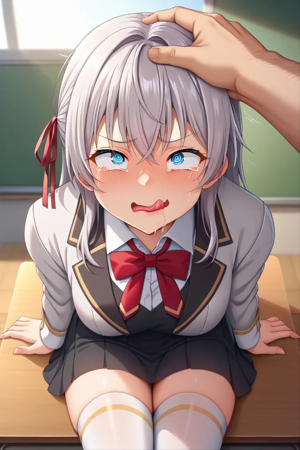 alisamikhailovna, alisamikhailovna kujou, long hair, bangs, blue eyes, ahoge, gray hair, red ribbon, school uniform, smile, ahegao, collar, open mouth, recording, gangbang, double penetration, bukkake, creampie, at classroom