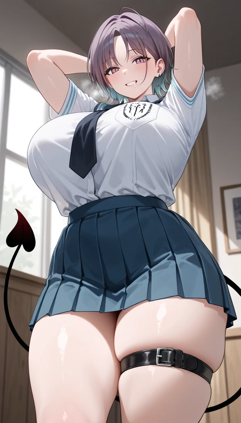 1girl,(solo),(gigantic breasts), wide hips, thick thigs,dynamic pose, school uniform, black skirt, white shirt, red necktie, thighhighs, black choker, smile, :d, white hair, purple eyes, cat ears, short hair, extremely detailed eyes, <lora:wisespeak-Style_1129792:1>