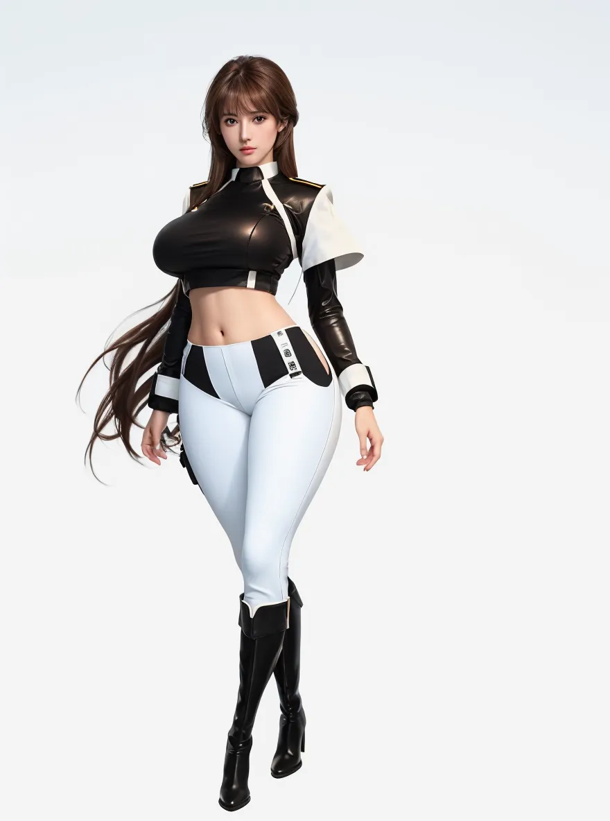 a full body cartoon girl with a very beautiful realistic face and realistic hair, Ultra detailed complex 3d rendering of a beautiful porcelain profile face, in tight leather pants, masterpiece, with perfect soft curves, ultra quality render, with black belts and bags like RPG concept. --auto --s2