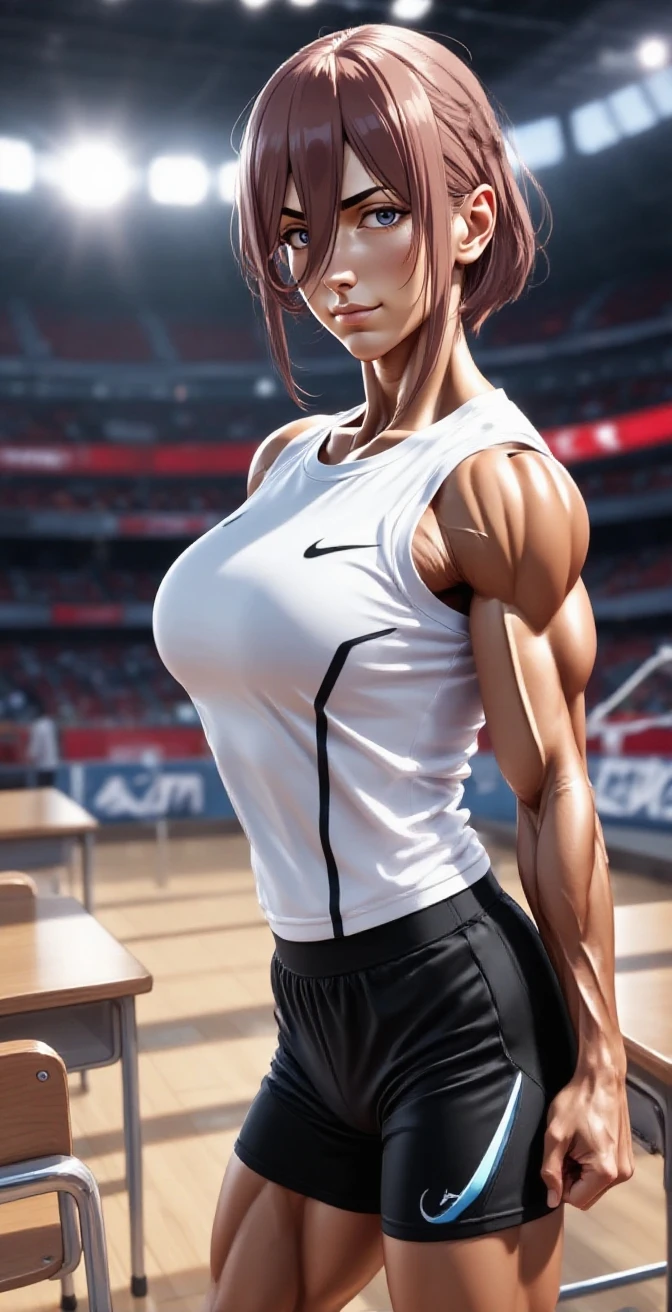 ((masterpiece drawing of a 20 years old girl inside stadium )), undersized tight sportswear, long hair, muscular, sunny