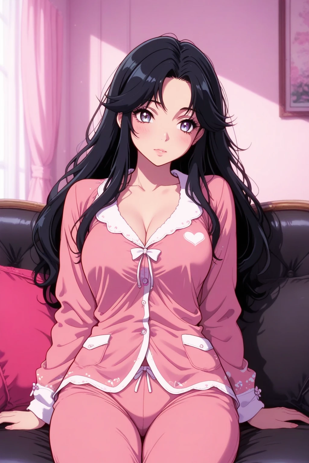 Anime girl with long black hair sitting on bed in pink blanket, Anime girl in dress, Raise the chin、Seductive embroidered dresses、luxurious clothes、beautiful alluring anime woman, Seductive Anime Girl, beautiful anime woman, seductive tifa lockhart portrait, digital anime illustration,