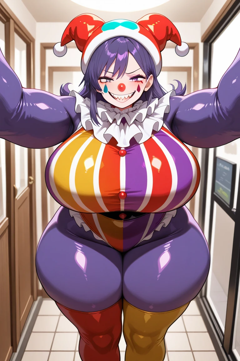 calidad superior, Obra maestra, Anime illustration of a clown girl with long pink hair and big tits stands in a room and wears a clown costume with makeup on her face 