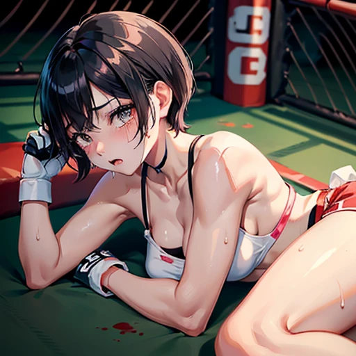Cute Japanese high school girl with short cut black hair, wet with red liquid, lying down in MMA ring, passed out, eyes closed, mouth wide open, gasping, drooling, very sweaty, out of stamina, slender body, poor breasts, small breasts sports bra, high leg shorts, open finger gloves