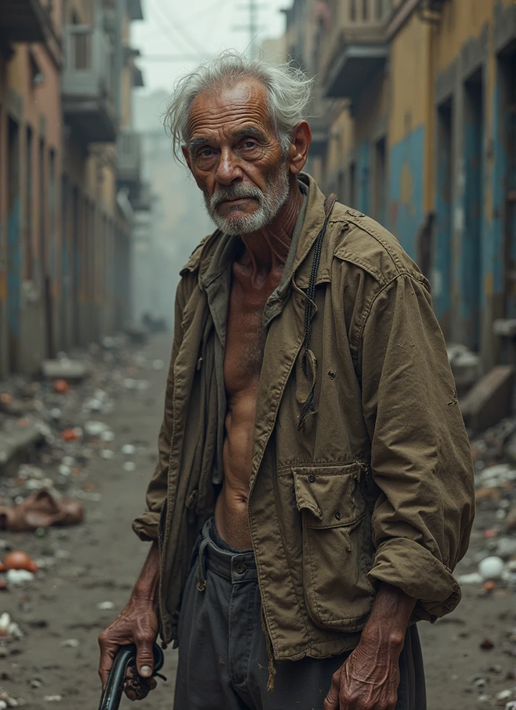 An old beggar suffering from malnutrition and wearing old clothes.