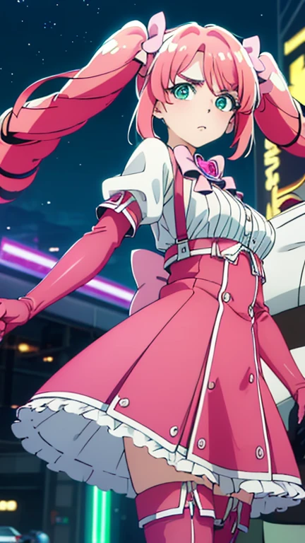 harukahanabishi, <lora:haruka hanabishi-lora-nochekaiser:1>,
haruka hanabishi, twintails, (green eyes:1.3), pink hair,
BREAK thighhighs, gloves, dress, bow, magical girl, pink gloves,
BREAK outdoors, city, sky, sun, clouds,
BREAK looking at viewer, (cowboy shot:1.5),
BREAK <lyco:GoodHands-beta2:1>, (masterpiece:1.2), best quality, high resolution, unity 8k wallpaper, (illustration:0.8), (beautiful detailed eyes:1.6), extremely detailed face, perfect lighting, extremely detailed CG, (perfect hands, perfect anatomy),