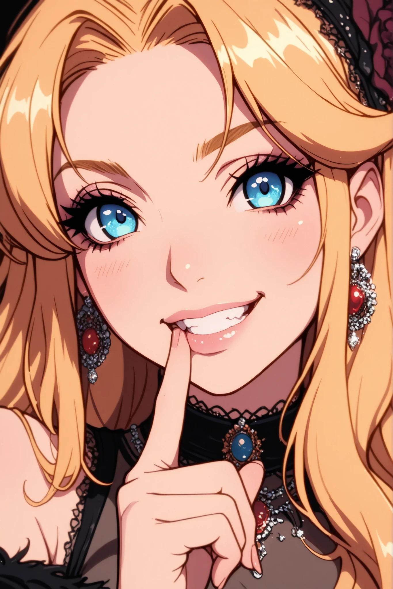 1SIL, A girl with beautiful eyes, looks at the camera and has a finger in his mouth with a sweet smile, doing, Beautiful, rich colors, best quality, High detail, beautiful, perfect , jewelry, gothic style, Pupsik, Beauty, close-up, Golden Blonde Hair, 