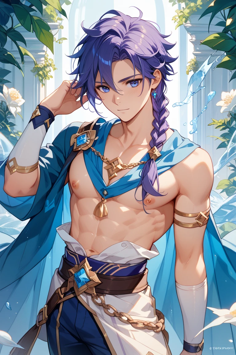 Close-up of a blue-haired cartoon male character, Beautiful Celestial Mage, Heavenly Aura, solo, Purple cyan long hair boy, Knight of Zodiac Boy, Sparkling Magical Boy, Royal Elegant Pose, Anime man in blue bikini, Anime man in belly button costume, Anime Prince, Blue crop top, bikini top with an blue, Muscular man, Blue mini skirt, bikini top with an triangle, A magical aura around him, Masculine and muscular, Portrait of Zodiac Boy Knight, Magical Glossy Skin, at night!!, Male focus, Bare legs, Bare shoulders, Bare Arms,