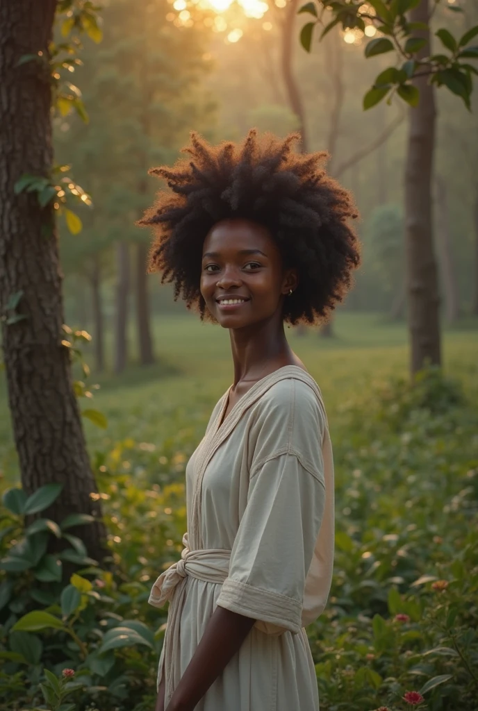 a black woman taking a selfie in a forest