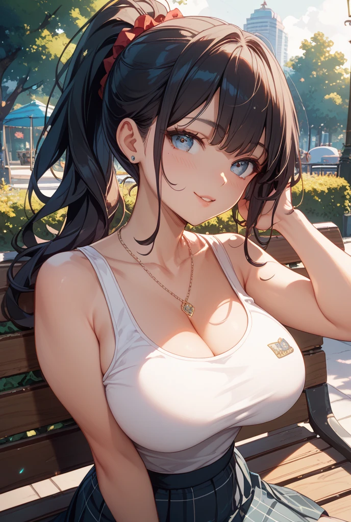 top-quality、超A high resolution、(Photorealsitic:1.4)、Crisp skin、Realistic skin texture, 4K, Model Body Type、White skin、23 age, college, 1 girl、(thin hair, black, short, faded ash gray hair:1)、(huge-breasted:1.5)、cleavage, Surprised、blush、looking at viewert、(((a close up、Upper body photo)))、((Tight camisole, Random color camisole, silk camisole see-through)), Outdoor、((slouch, Showing  her breasts)),full body shot,Illuminated background, 